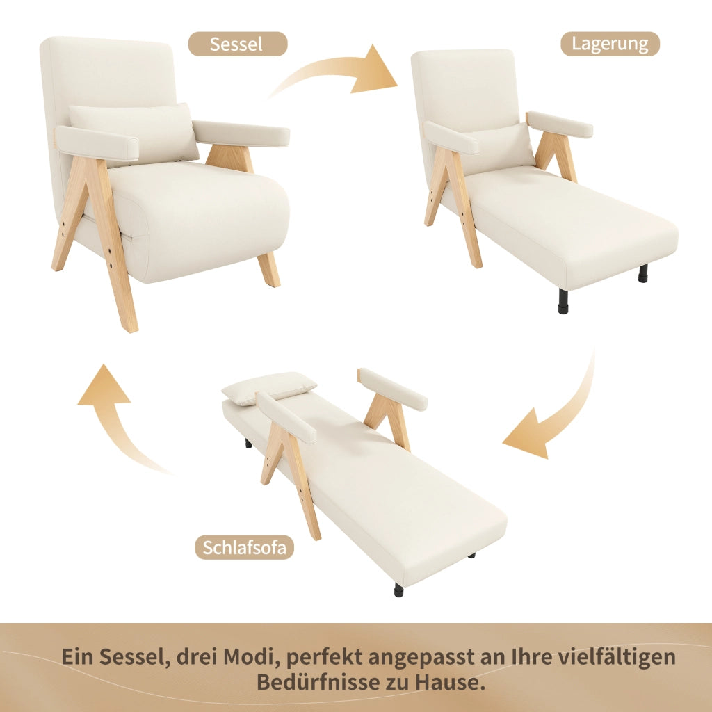 Poltrona letto 3 in 1 87x64x60 cm; schienale reclinabile a 6 posizioni; tessuto effetto lino beige