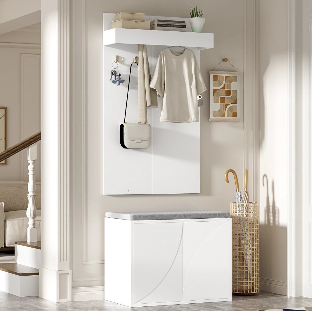 Set guardaroba 3 in 1 con appendiabiti, scarpiera a 2 ante e panca, bianco, 60x35x(45+100) cm