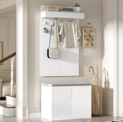 Set guardaroba 3 in 1 con appendiabiti, scarpiera a 2 ante e panca, bianco, 60x35x(45+100) cm