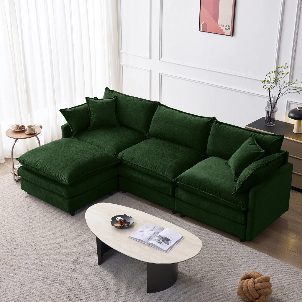 Divano angolare a 3 posti modulare in ciniglia verde con pouf struttura in legno sfoderabile 267 × 154 × 85 cm