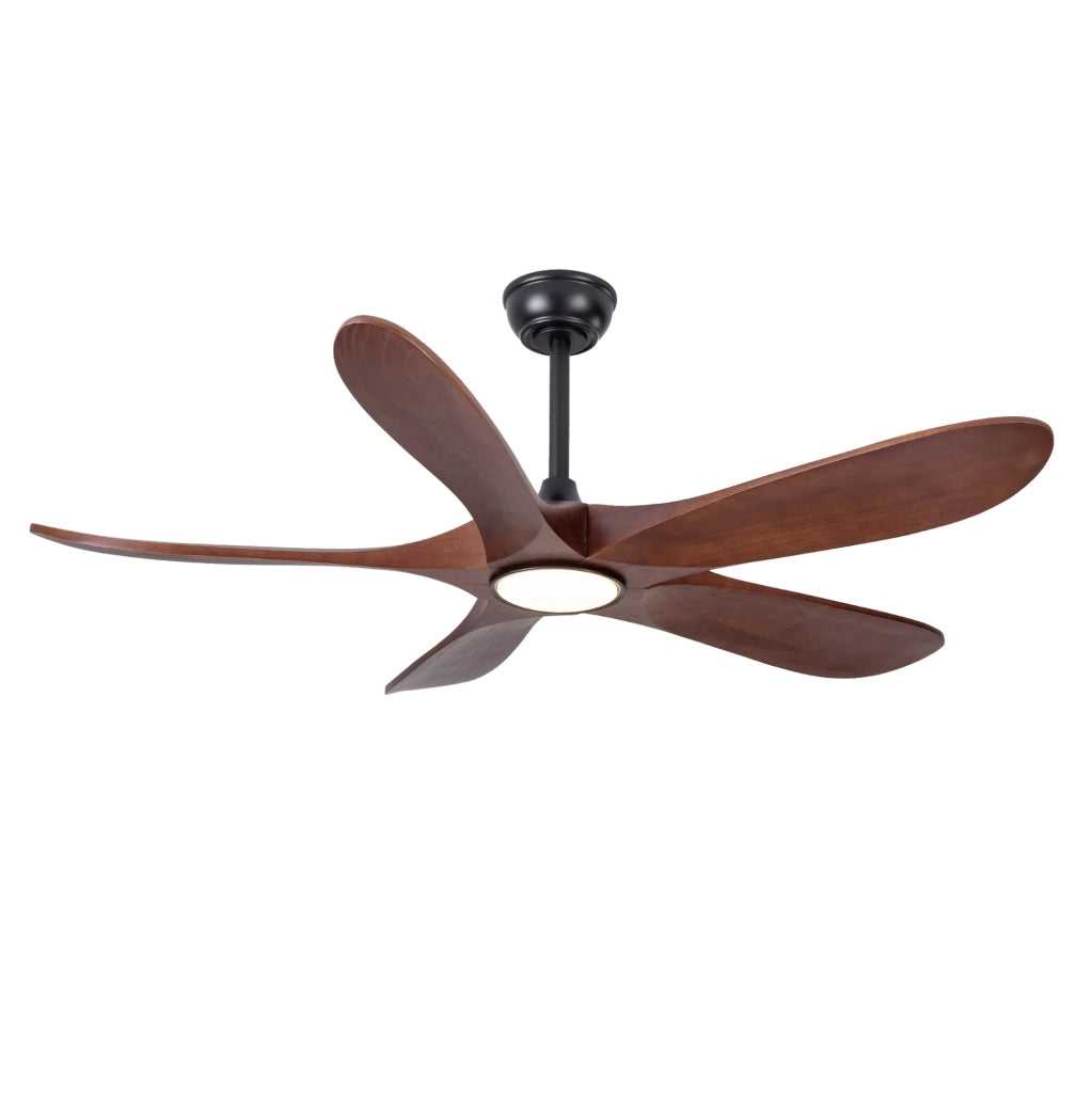 Ventilatore a soffitto 52'' con luce, telecomando, 5 pale in legno massello, 6 velocità, dimmerabile, silenzioso