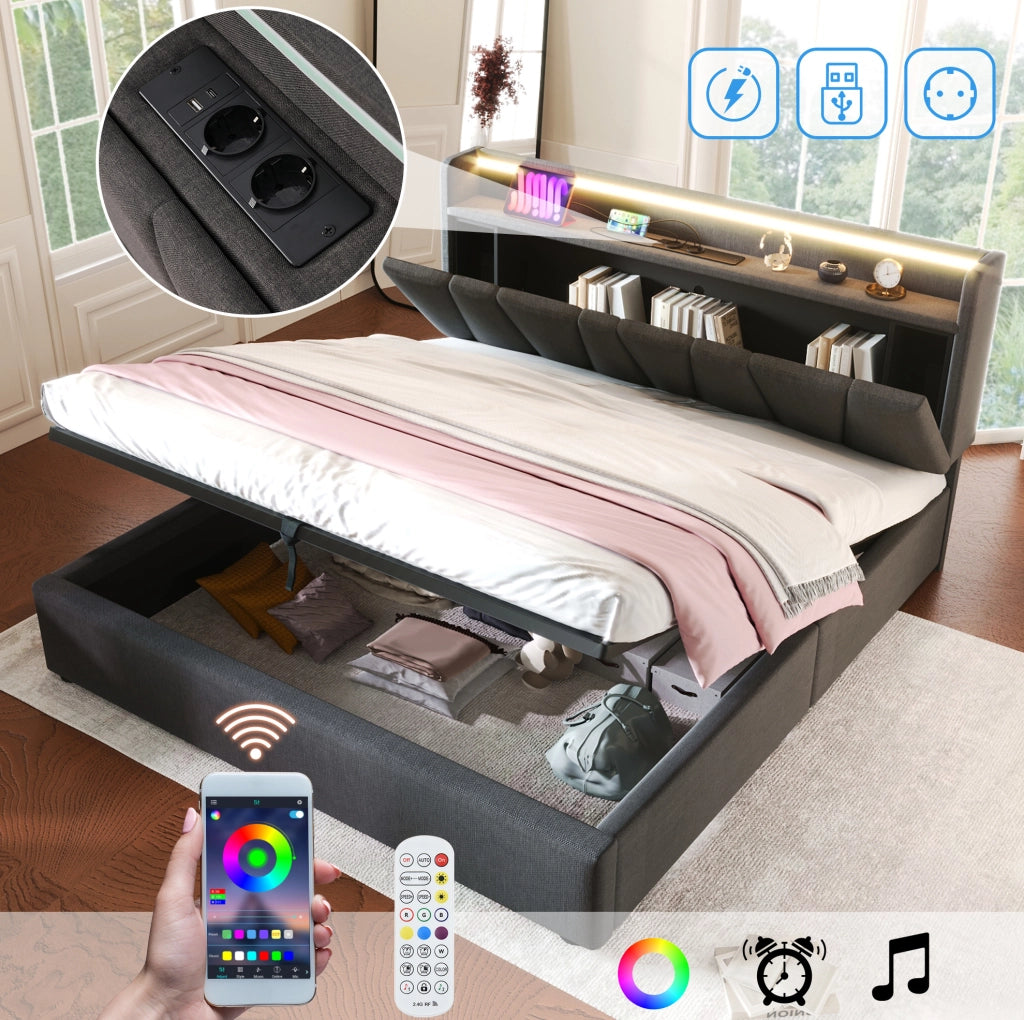 Letto matrimoniale 140x200 grigio con LED, USB e materasso