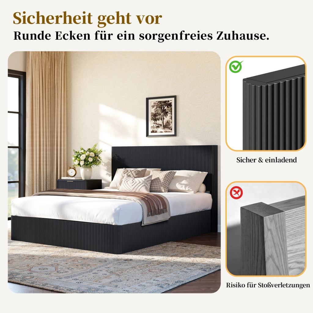 Letto con contenitore 160 × 200 cm con sollevamento idraulico struttura in acciaio e doghe in legno nero lucido