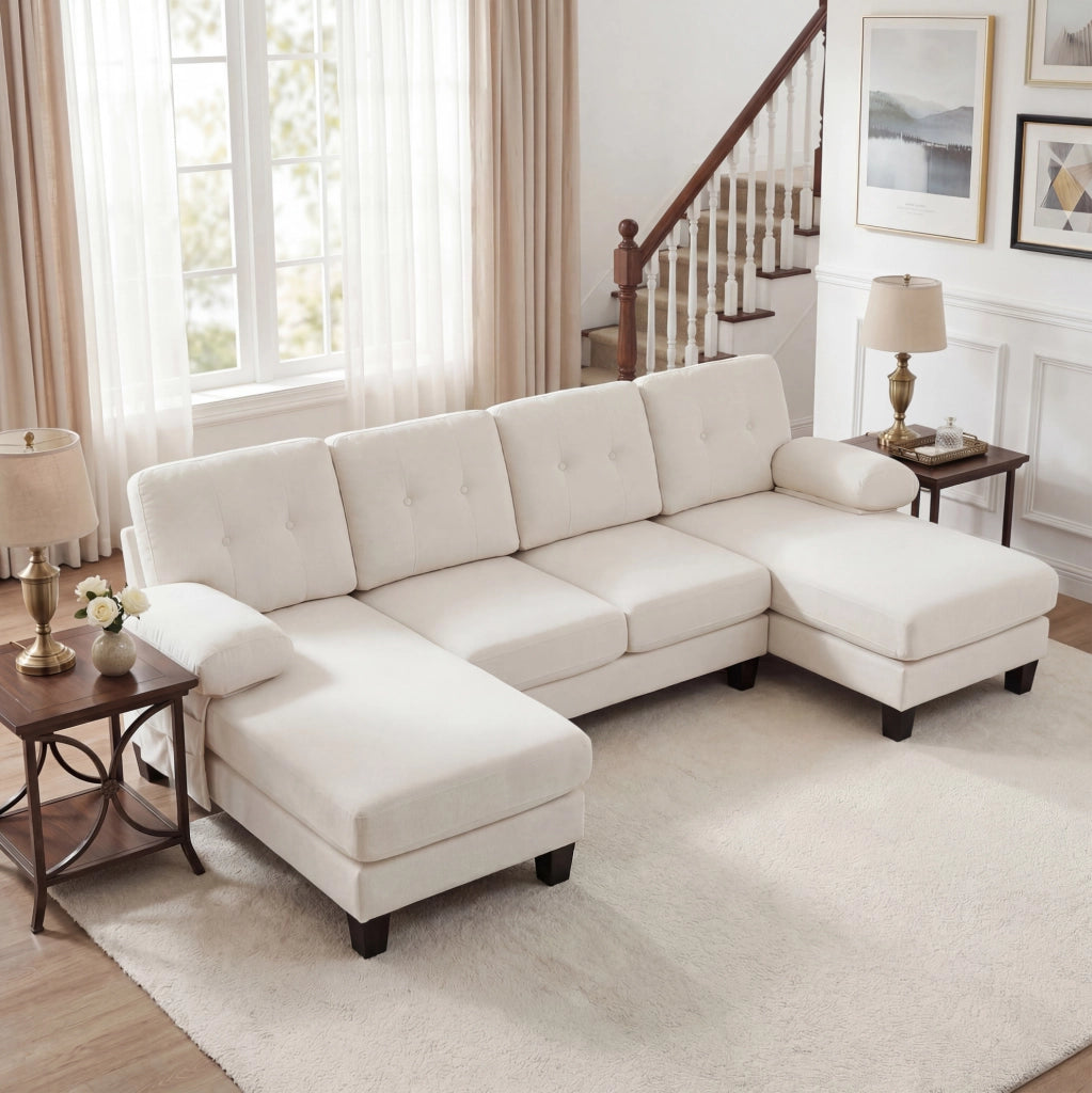 Divano a U per 4 persone in tessuto ciniglia beige con doppia chaise longue e cuscini comodi