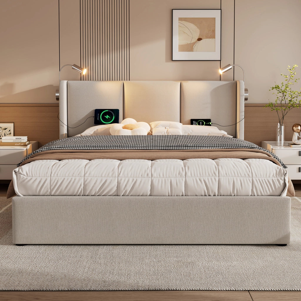 Letto matrimoniale imbottito contenitore 140 × 200 cm con luce USB; lino beige