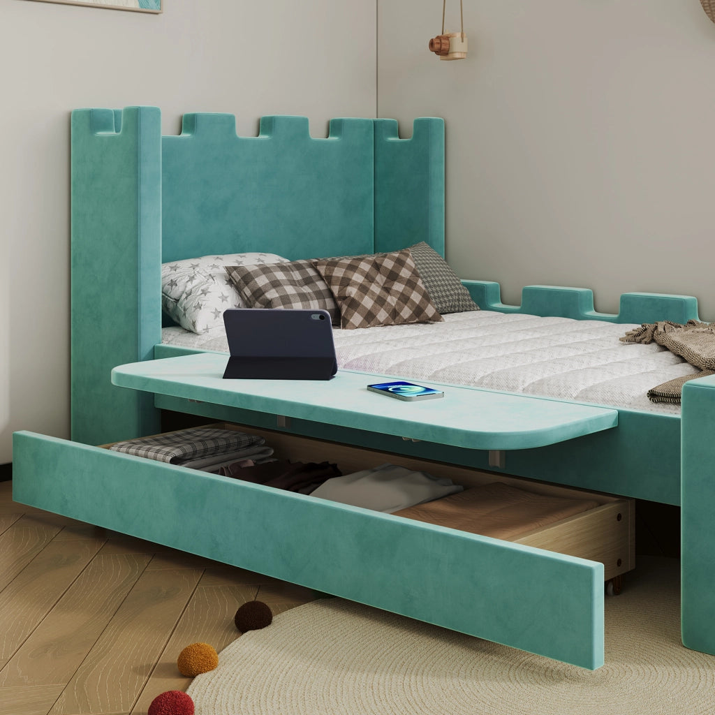 Letto singolo 90 × 200 cm con cassetto estraibile e ripiano laterale pieghevole in velluto francese blu verde