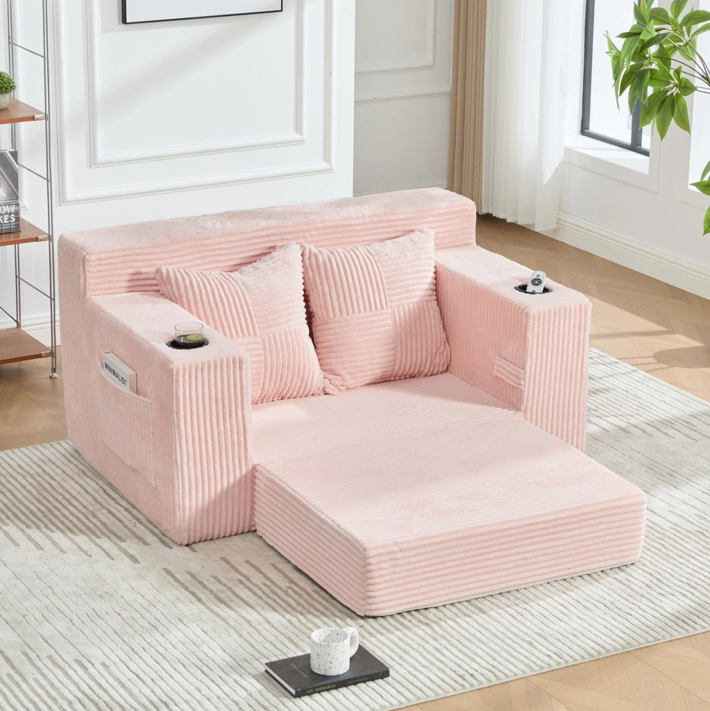 DIVANO Pouf 151x133x64 cm in Velluto a Coste Rosa con 2 Cuscini