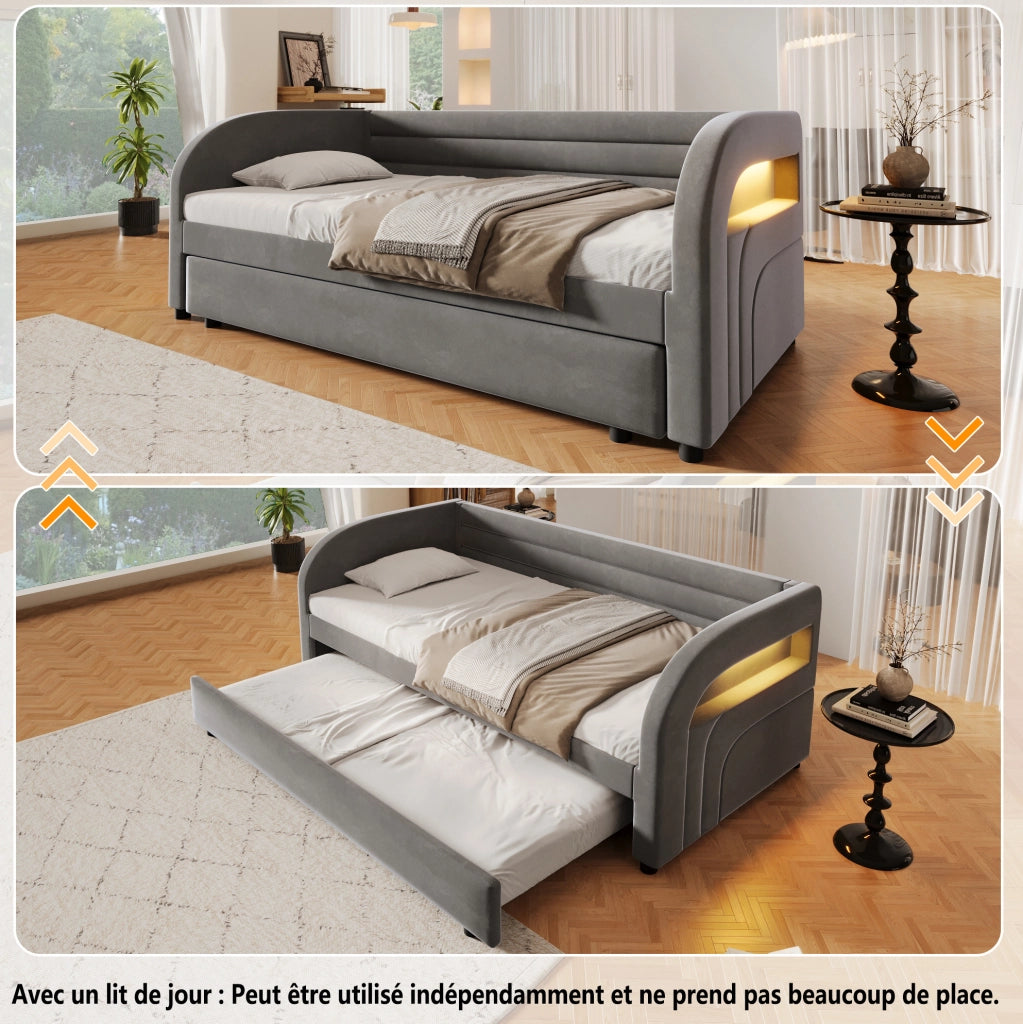 Letto imbottito 90x200 cm con letto estraibile e LED; grigio