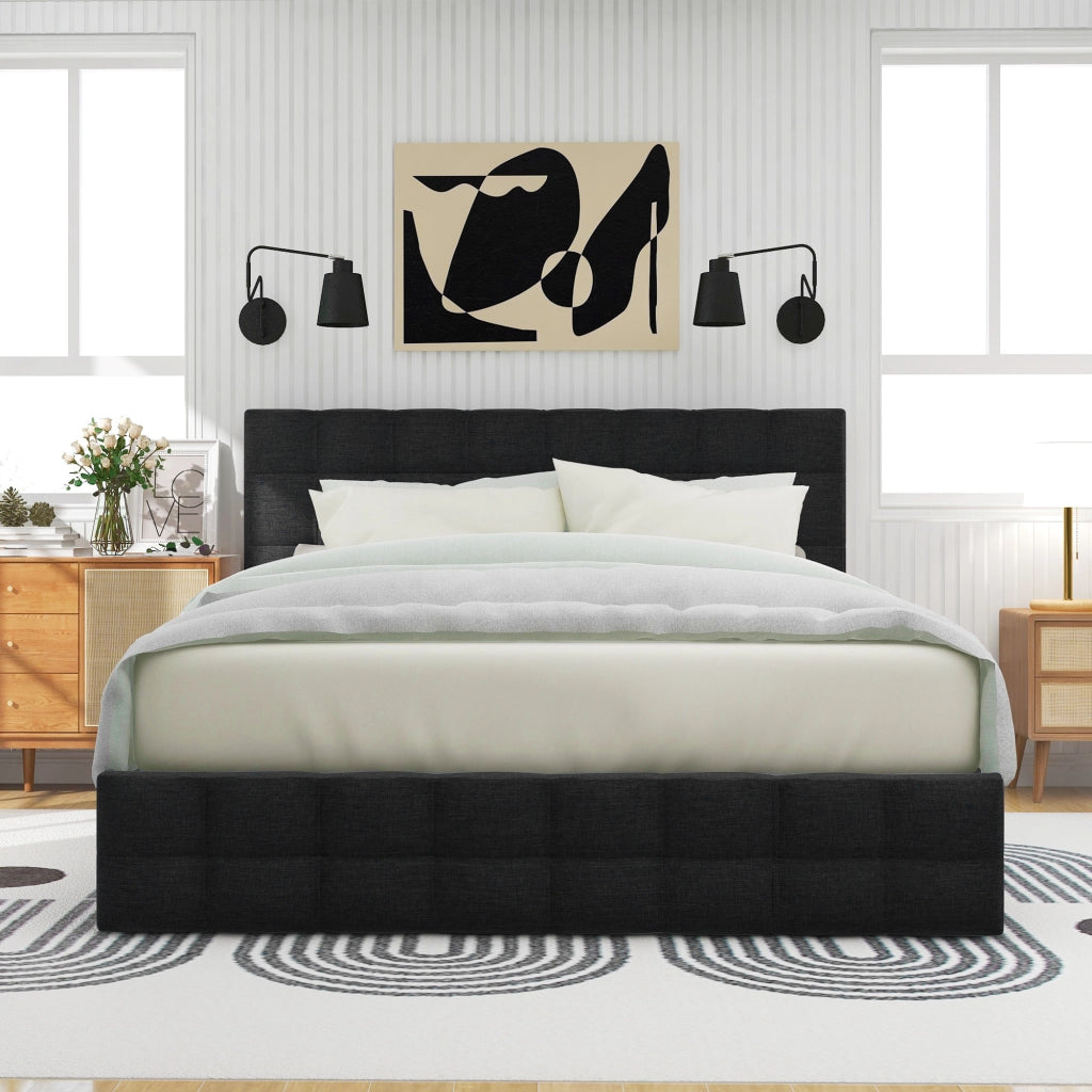 Letto matrimoniale imbottito 140 × 200 cm con 4 cassetti testiera regolabile in lino nero e rete in acciaio