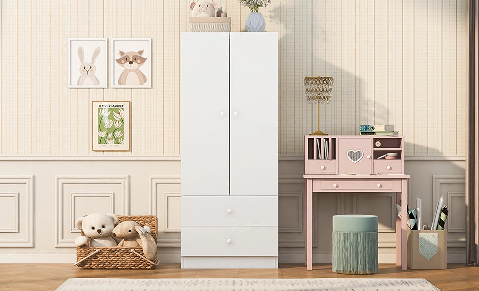 Armadio Singolo 70x40x170 cm con Due Cassetti, Design a Blocchi di Colore, Rosa e Bianco