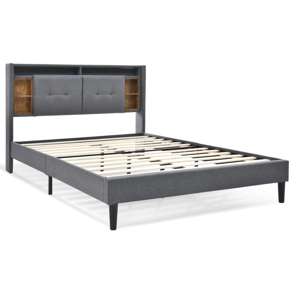 Letto Matrimoniale 140x200 Grigio con Testiera Contenitore; LED; 2 USB e 2 Prese