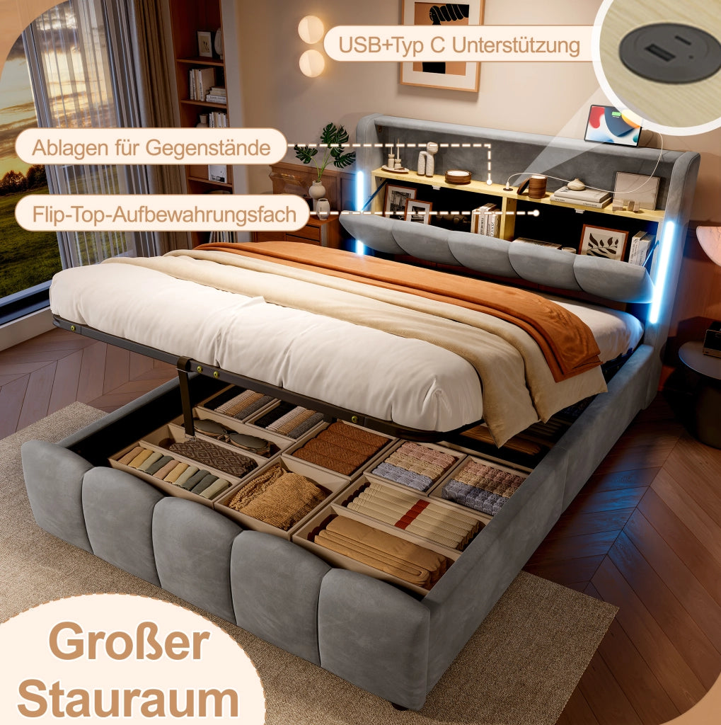LETTO Contenitore 140x200 cm in Velluto Grigio con LED e porte USB/Type-C