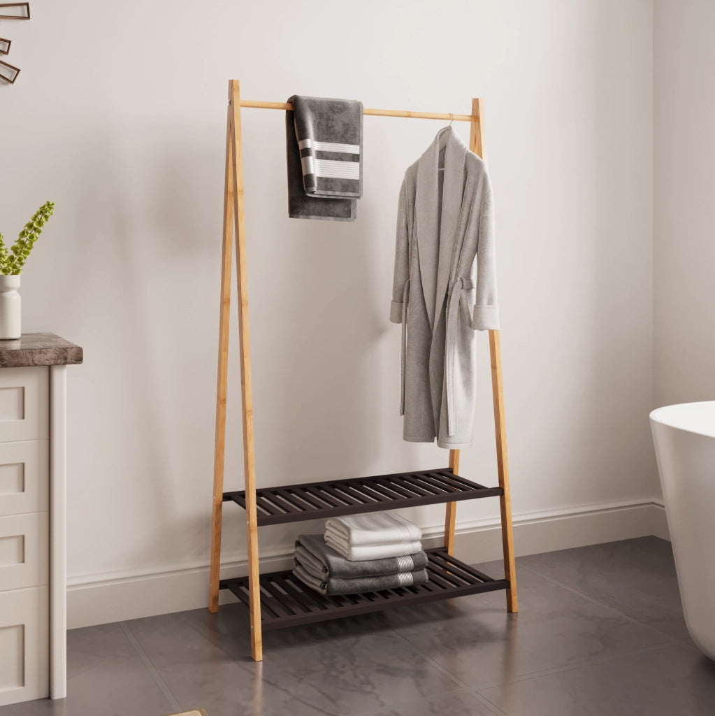 Appendiabiti in bamboo con 2 ripiani e barra per abiti, stand salvaspazio per ingresso e camera da letto