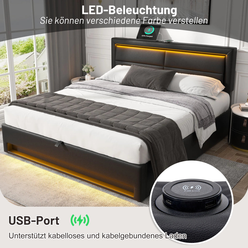 Letto imbottito 140x190 cm con LED, USB e ricarica wireless