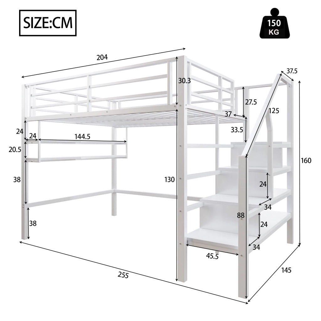 Letto a soppalco per bambini 140 × 200 cm 1 posto con mensole; scala contenitore e spazio gioco; senza materasso; bianco