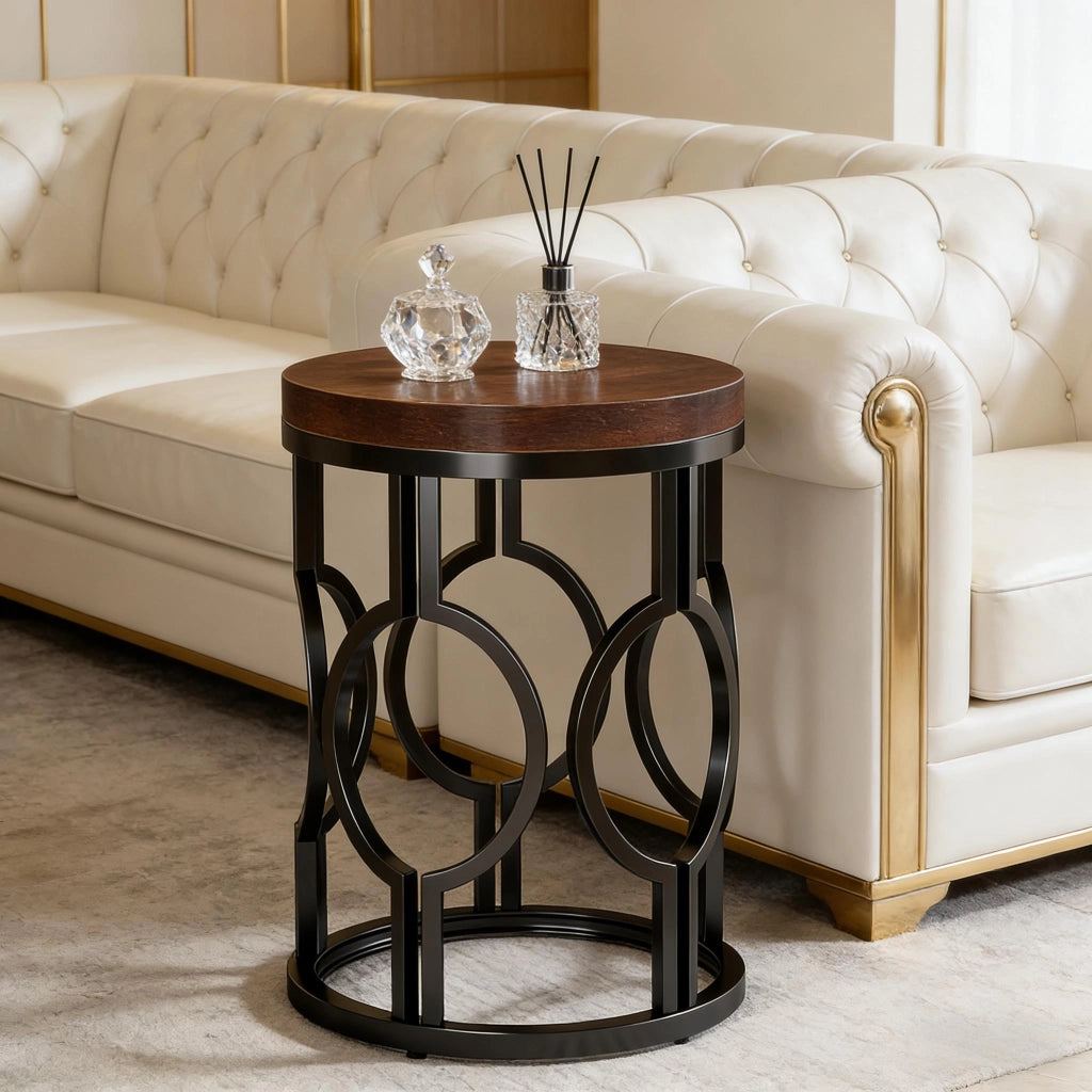 Tavolino rotondo Ø45 × 50 cm in MDF e metallo con piano marrone rustico e struttura nera
