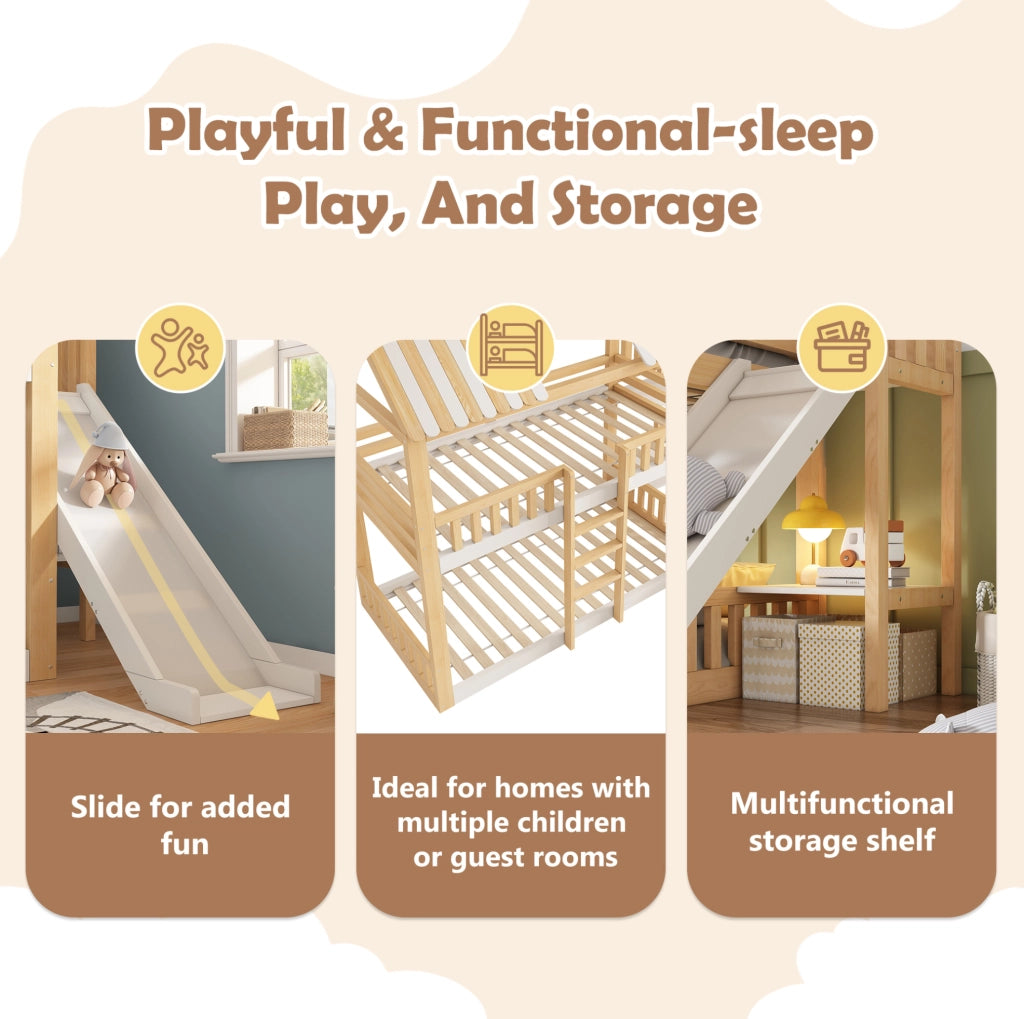 Letto a Castello per Bambini 90x200 cm in Legno con Tetto a Spiovente, Scivolo da 35 cm e Scaffale, Bianco e Naturale