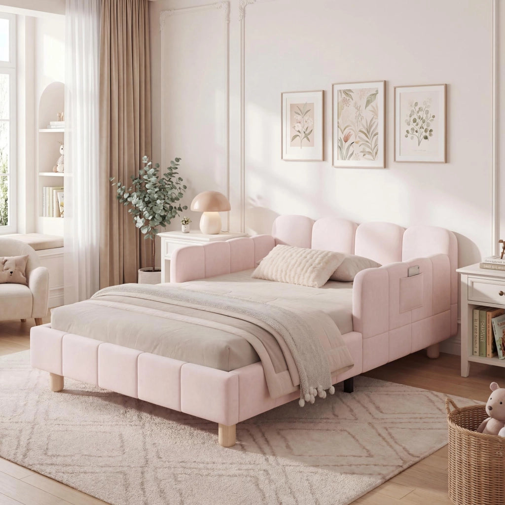 Letto singolo imbottito per bambini 90x200 cm in velluto rosa con testiera ergonomica