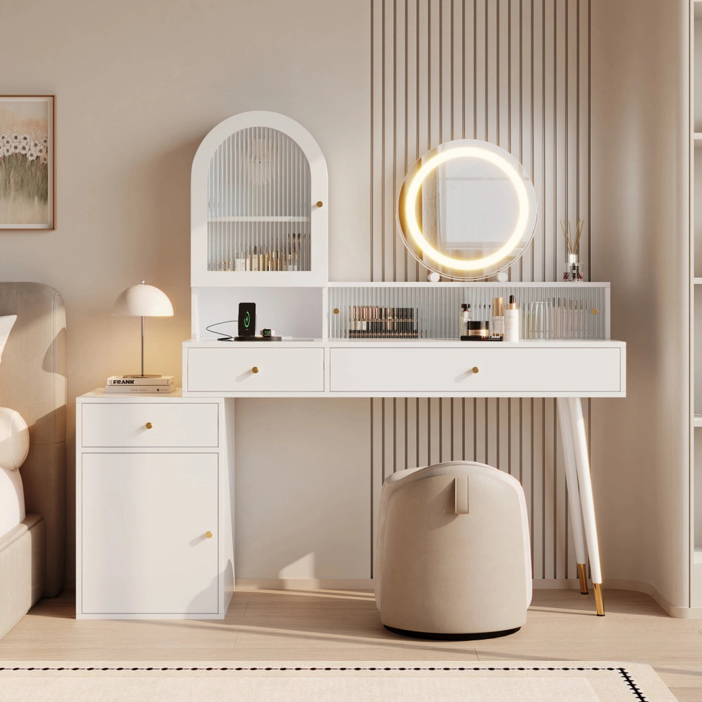Toeletta bianca con specchio LED, prese e piano estensibile