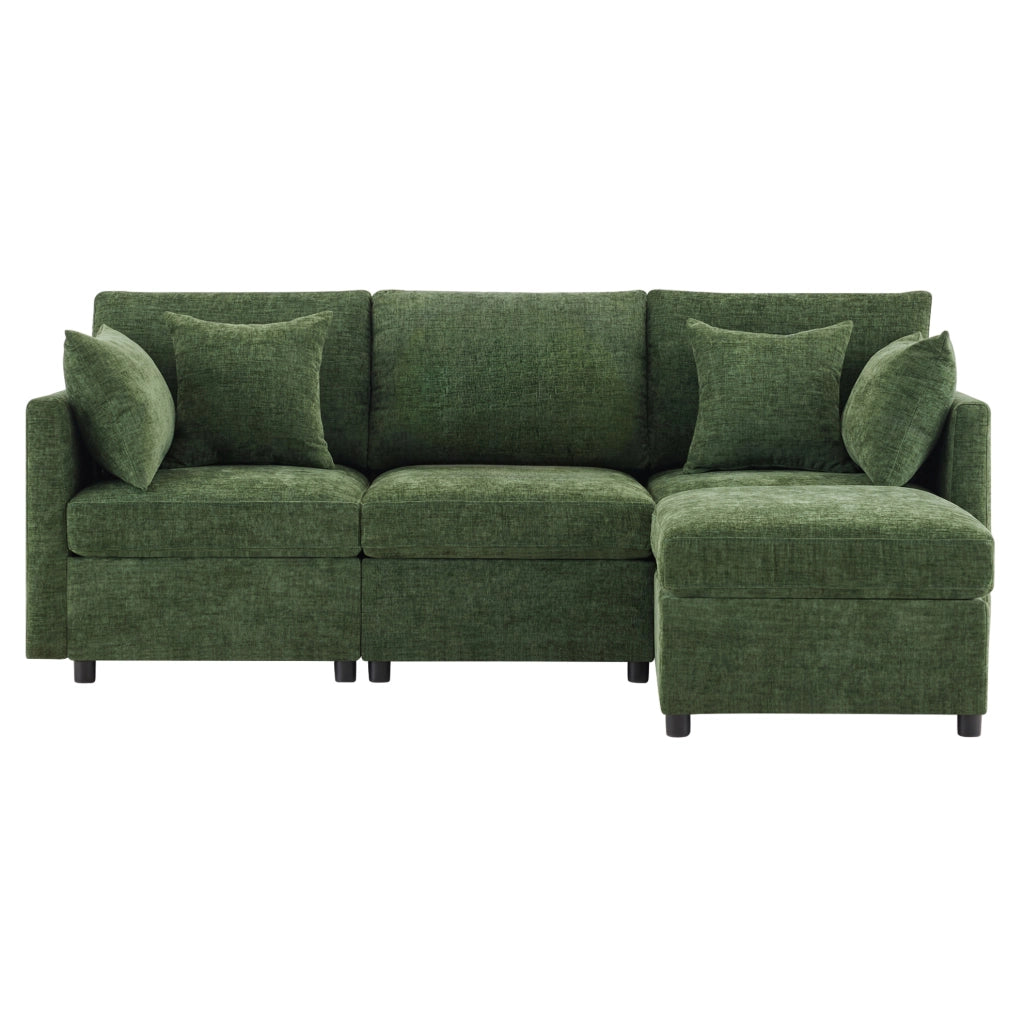Divano modulare configurabile a L con pouf mobile; 3-4 posti; chenille verde; 216 x 161 x 81 cm