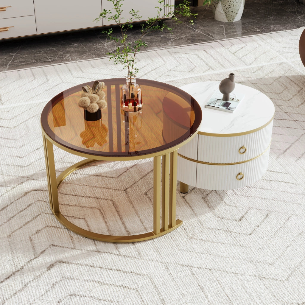 Tavolini bassi impilabili con 2 Cassetti; Piano in Vetro Temperato e MDF; per Soggiorno; Bianco; 70 × 70 × 45 cm