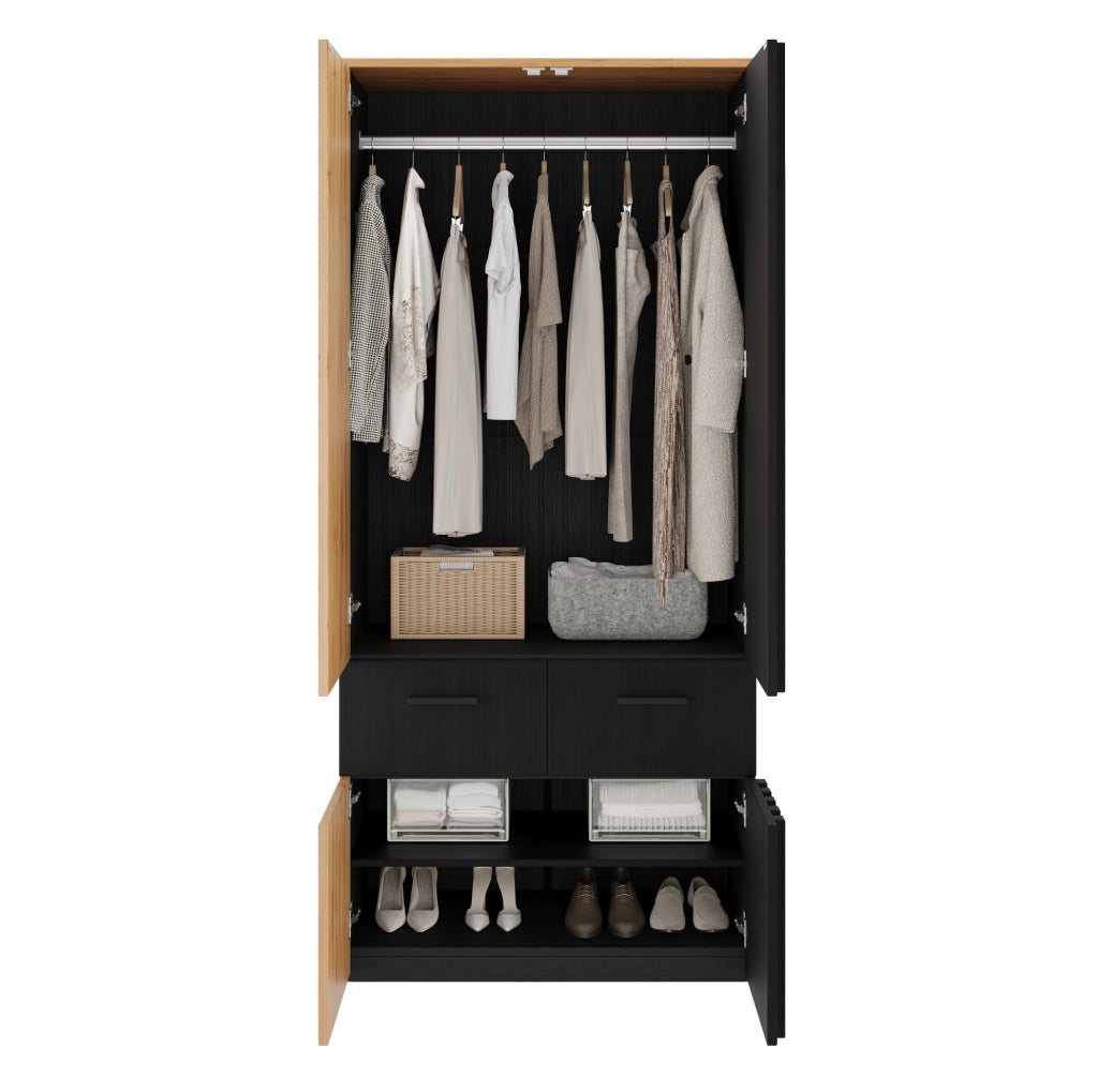 Armadio alto a quattro ante con lamelle 90x50x200 cm, 2 cassetti, 2 ripiani e barra appendiabiti, nero e legno naturale