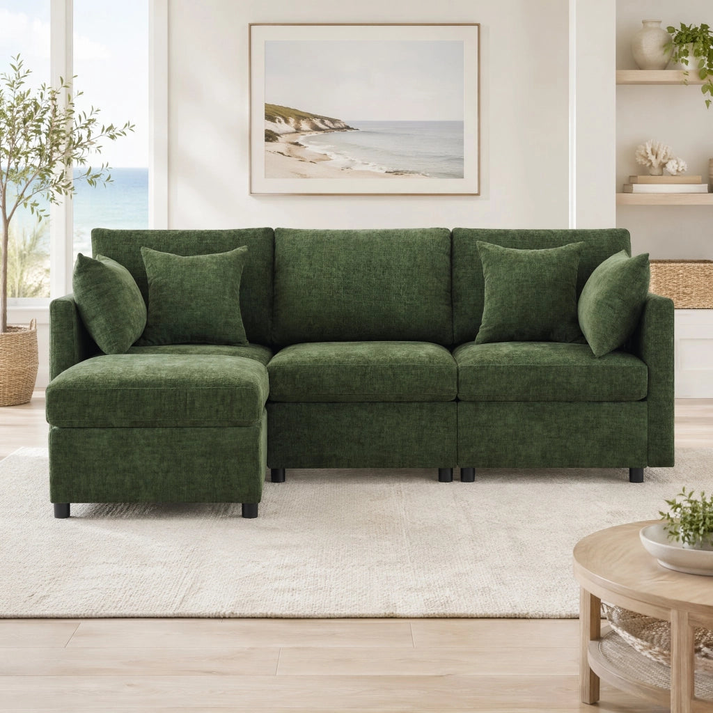 Divano modulare configurabile a L con pouf mobile; 3-4 posti; chenille verde; 216 x 161 x 81 cm