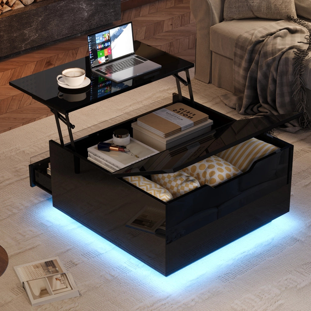 Tavolino da salotto elevabile con LED, cassetto e vano nascosto, finitura lucida nera in truciolare, 70 × 70 × 38 cm