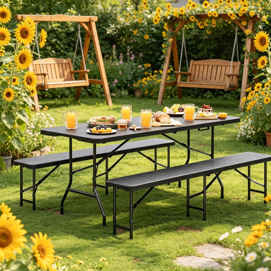 Set Mobili da Giardino Pieghevole 8-10 Persone con Tavolo 180x74x70 cm e 2 Panche, Nero, in HDPE e Metallo