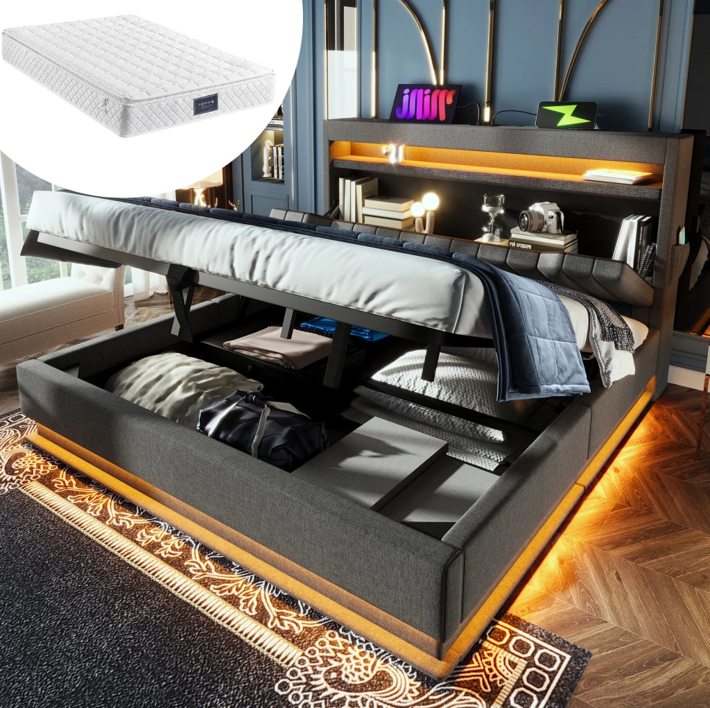 Letto matrimoniale 140x200 cm con materasso; LED; USB e Type-C; vano contenitore idraulico; grigio in lino