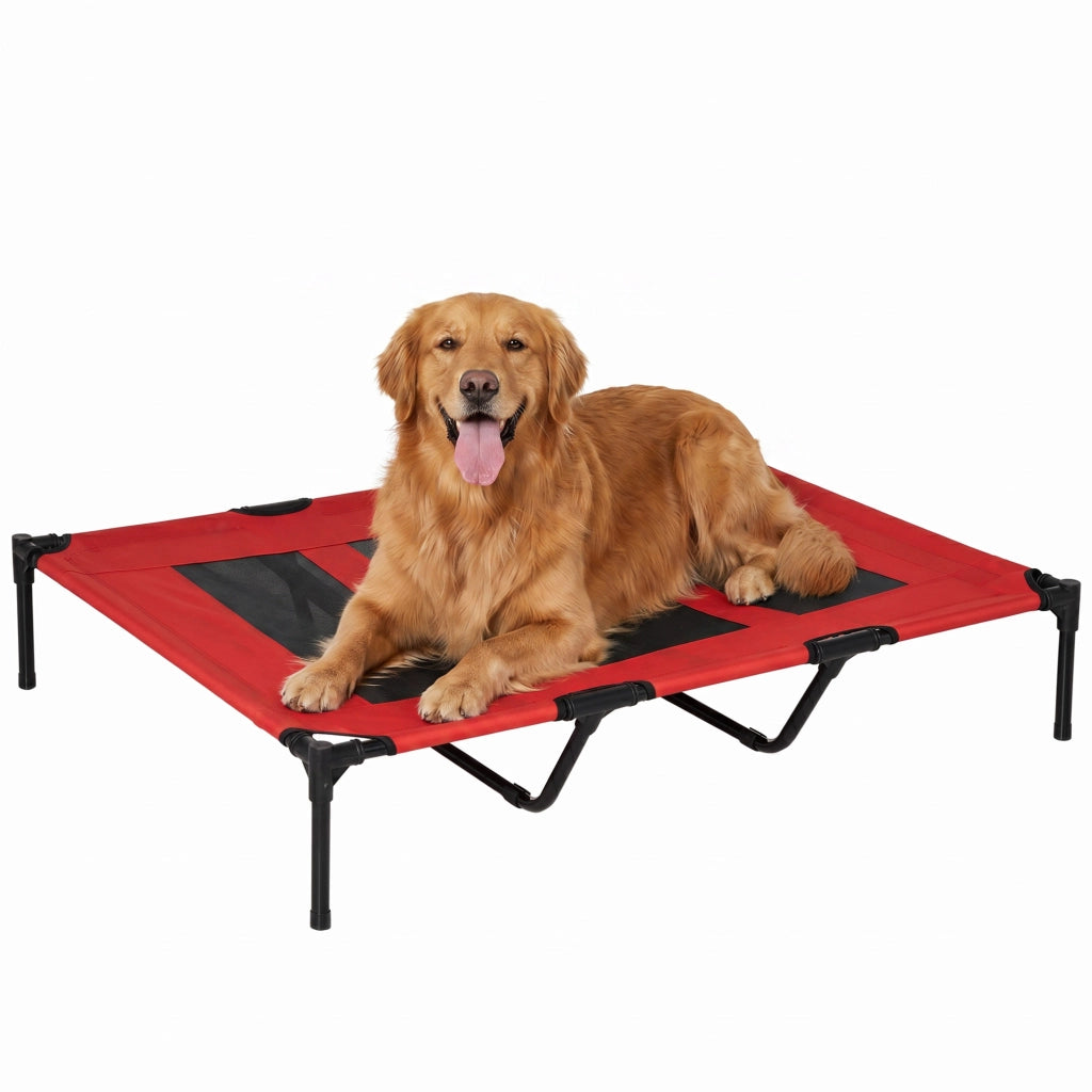 Lettino rialzato per cani 50 kg max con borsa da viaggio, metallo e tessuto Oxford, rosso, 122x92x23 cm, resistente e portatile