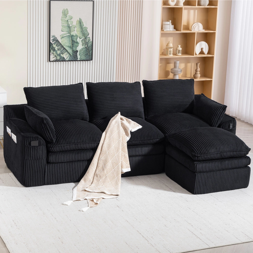 Divano modulare 3 posti in corduroy con pouf; tasche laterali; 263x167x85 cm; nero