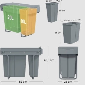 Pattumiera estraibile ULEVR da incasso 30 L con 2 secchi rimovibili 20+10 L, grigia