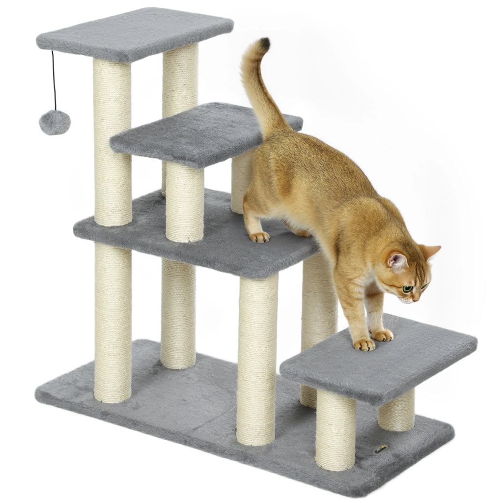 Scala per Animali Domestici Regolabile ¨C Xylo ¨C 3/4 Gradini con Tiragraffi e Palla Sospesa Grigio