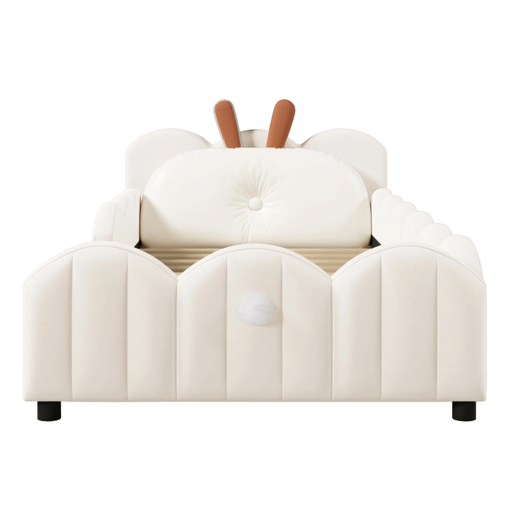 Letto imbottito 90 × 200 cm con cuscino a orecchie di coniglio e sponde continue in velluto beige