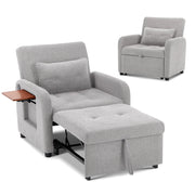 Poltrona letto pieghevole grigio chiaro – Rivestimento in tessuto, funzione seduta e letto, porta USB, tavolino pieghevole, cuscino, schienale regolabile