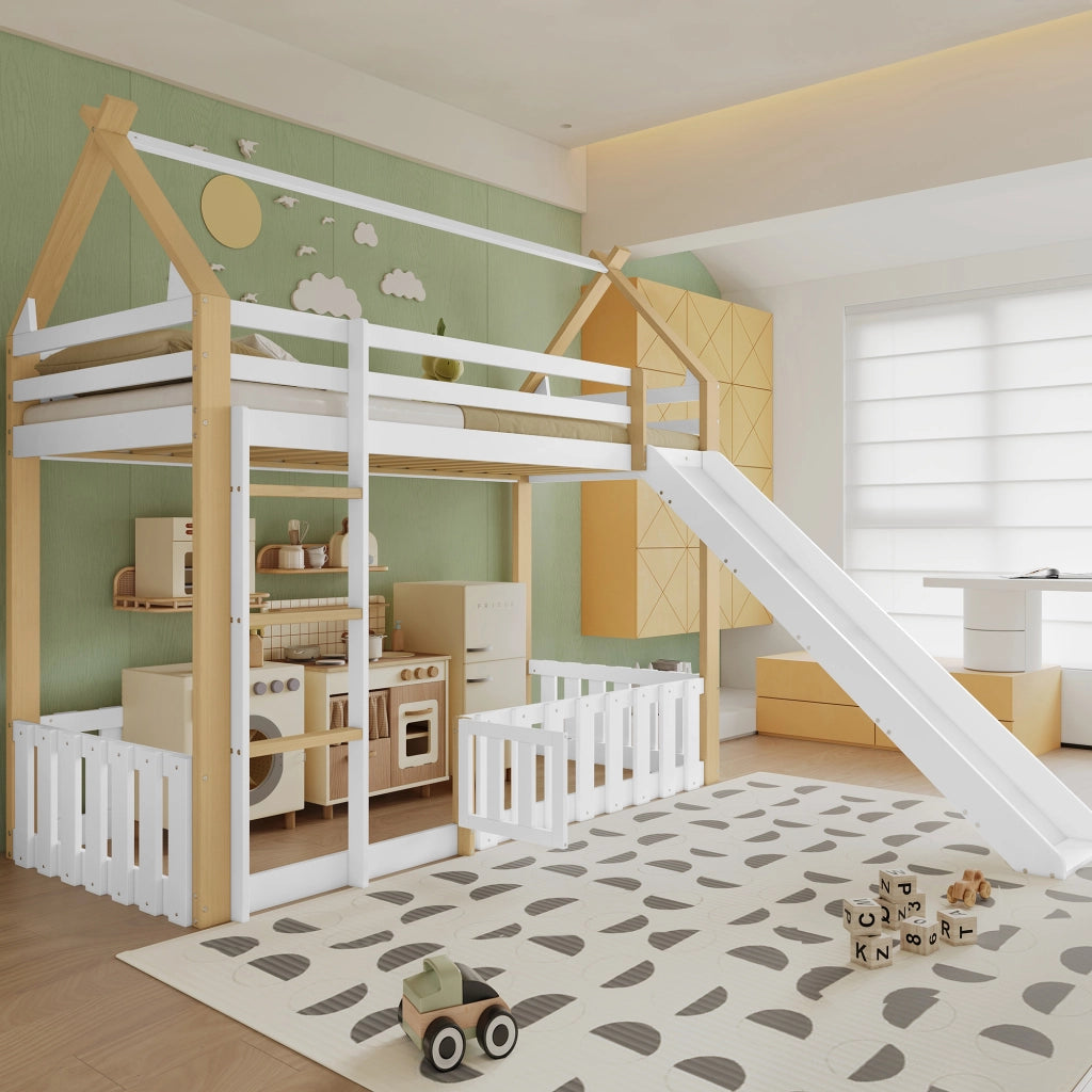 Letto a soppalco bambini con scivolo; struttura in pino e MDF; bianco e naturale; 90x200 cm