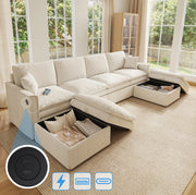 Divano modulare angolare ULEVR 6 posti 277x135x80 cm a U/L con 2 pouf contenitore, USB e Type-C, beige