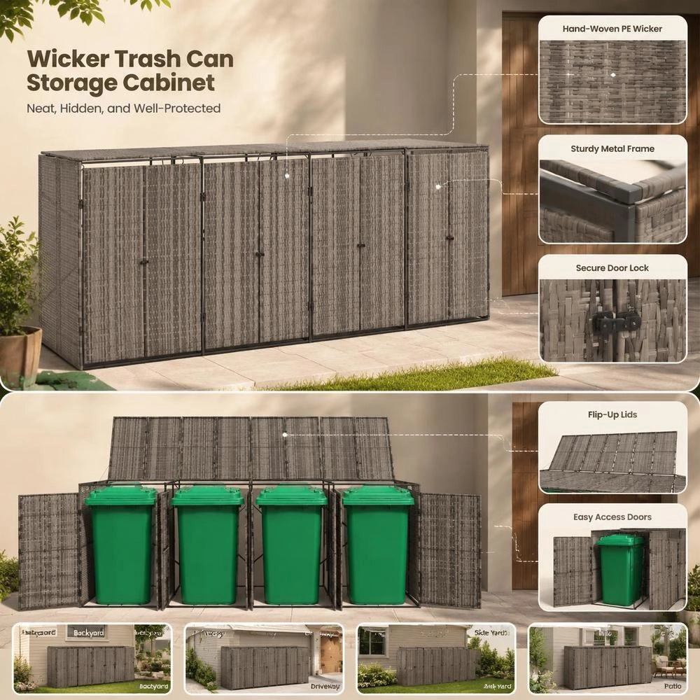 Garbage Can Storage Unit For 4 Bins, Grey, 274x80x117 Cm, Poly Rattan