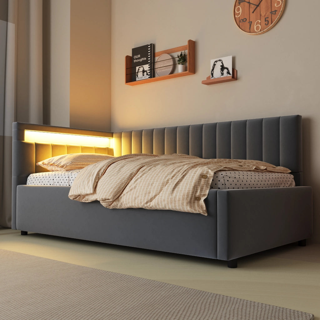 LETTO Divano imbottito 90x200 cm in velluto grigio con LED e contenitore