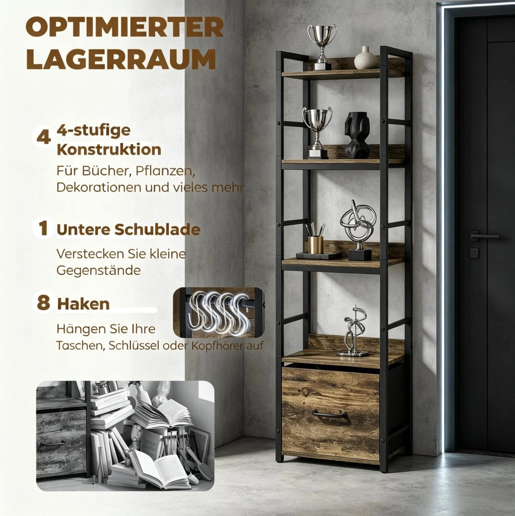 Libreria stretta a 4 ripiani con cassetto e 8 ganci, 39x26x136,5 cm, colore marrone rustico