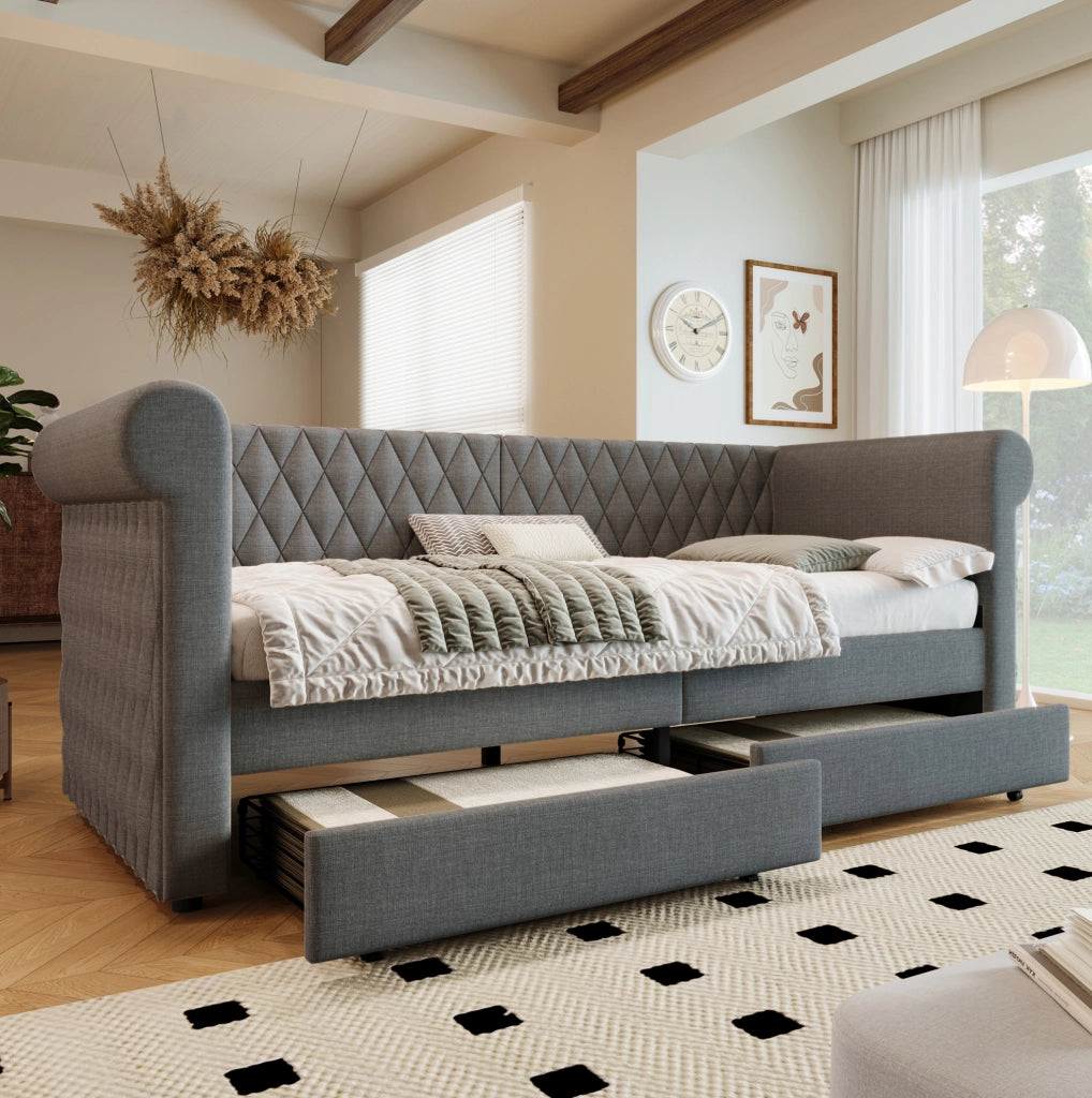 Letto da giorno 90x200 cm con 2 cassetti e rivestimento in lino grigio