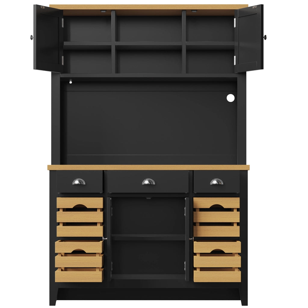 Credenza da cucina alta LED con ripiani regolabili e 4 cestelli, chiusura ammortizzata, nera, 120 × 40 × 188 cm
