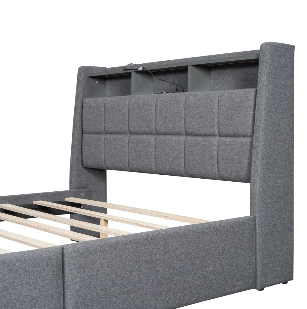 LETTO 140x200 cm con cassetti, LED e USB in lino grigio