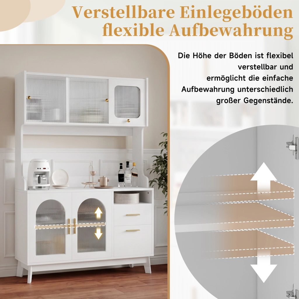 Credenza alta da pranzo con prese integrate e vetro acrilico ondulato; in truciolare bianco 120 × 40 × 178 cm
