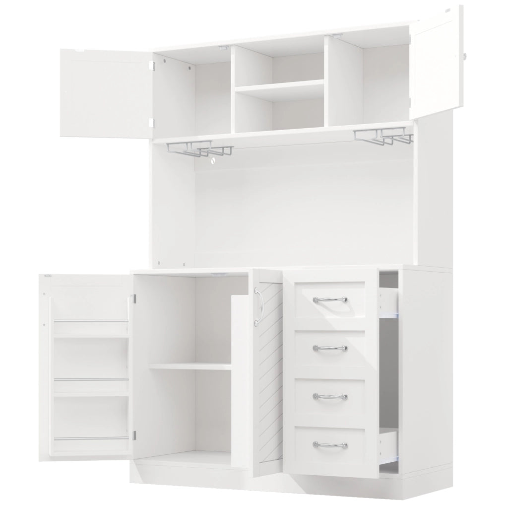 Credenza alta 120x40x188 cm in MDF con LED, 4 ante, 2 cassetti e vani porta bottiglie per cucina
