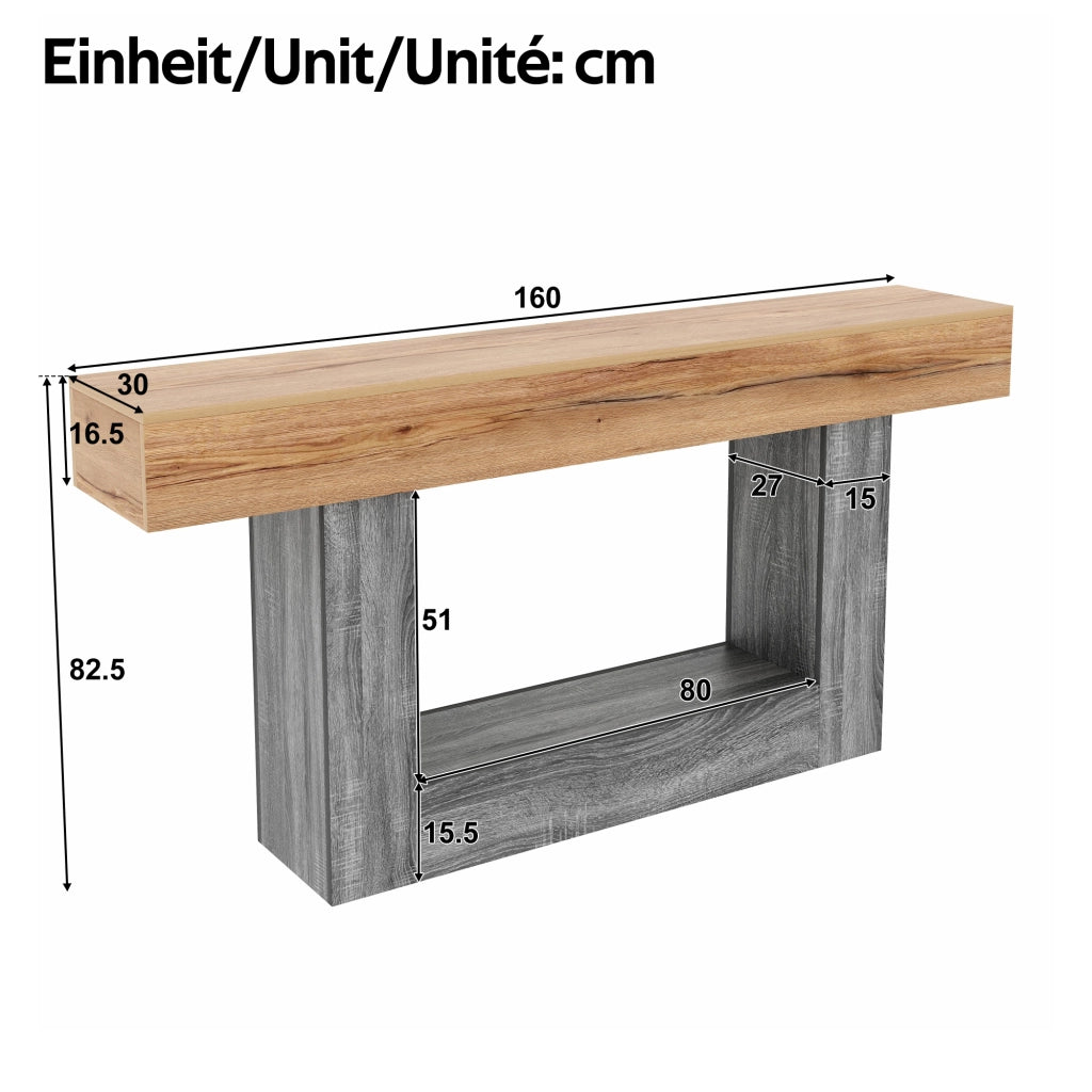 Consolle con piano spesso e ripiano inferiore in truciolare effetto legno naturale 160 × 30 × 82.5 cm