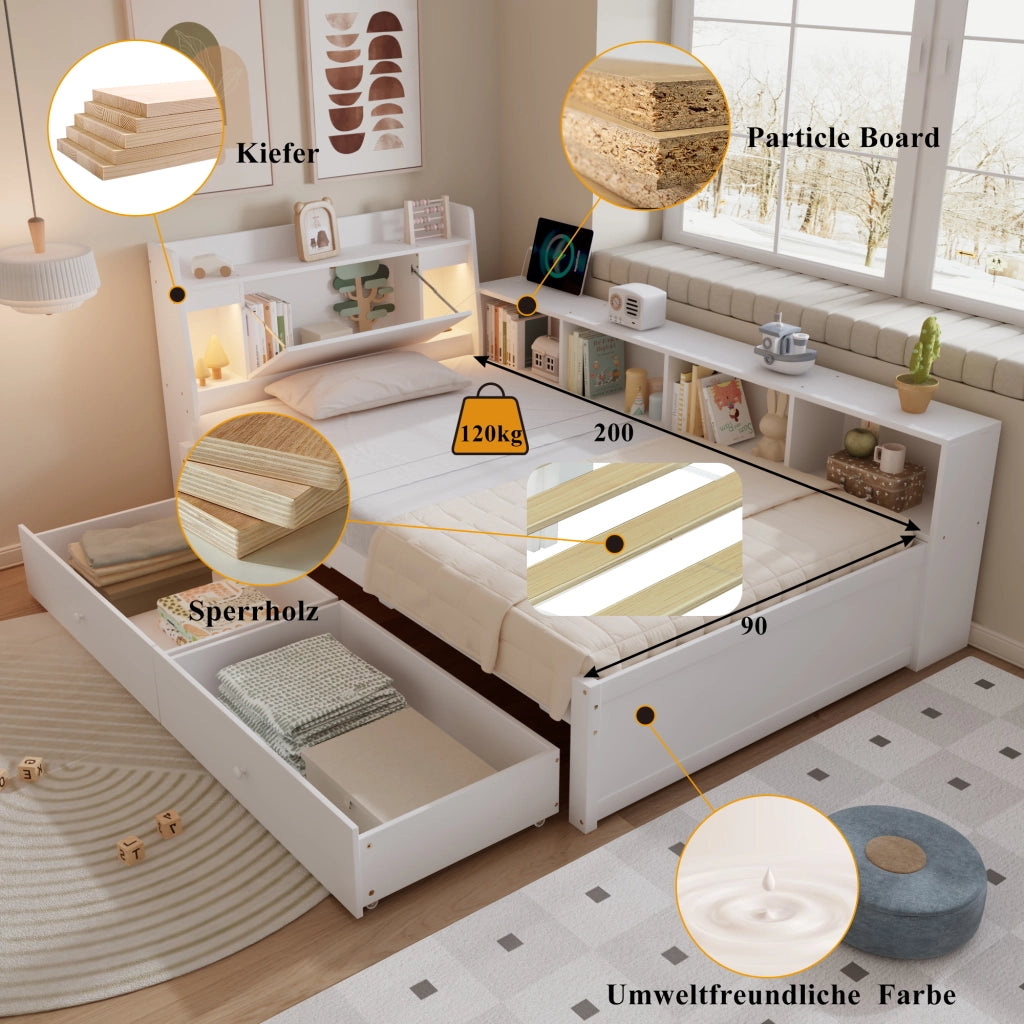 Letto con cassetti 90 × 200 cm con testiera con vano e luci; presa di ricarica; legno MDF bianco