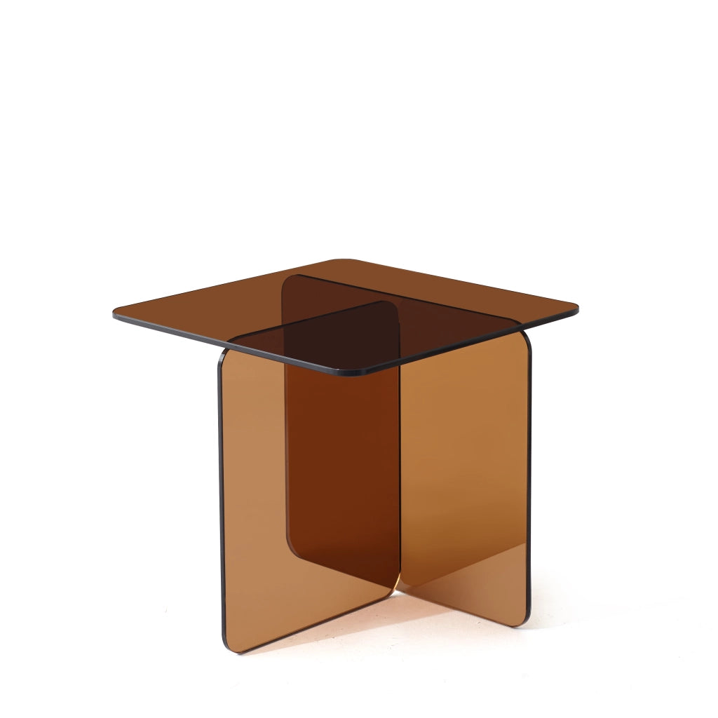 Tavolino laterale curvato in vetro temperato marrone per divano e esterni impermeabile 45 × 45 × 51 cm