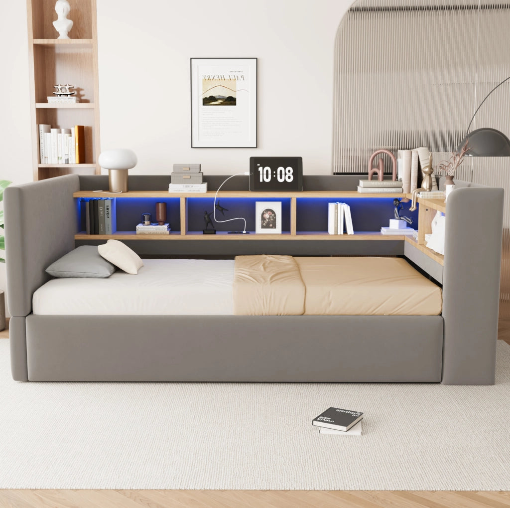 Divano letto imbottito 90x190 cm con LED, prese e vano contenitore